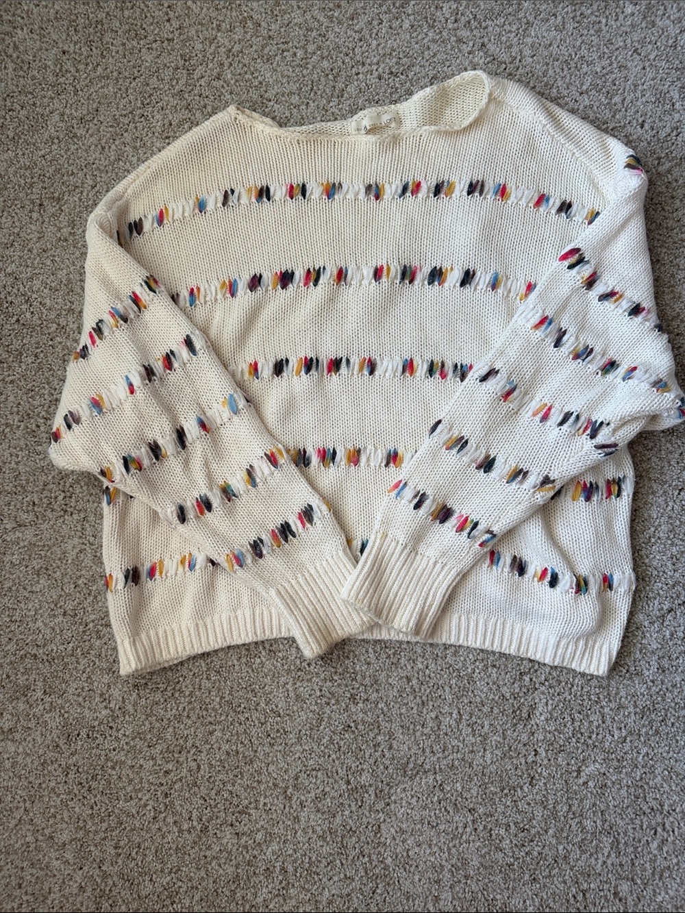 Cream Crewneck Sweater with Multicolor Stitch Accents